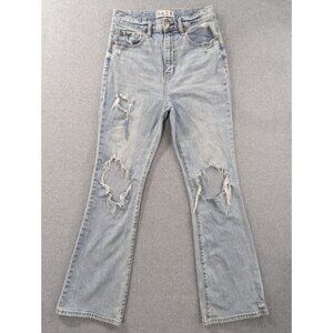 Daze Jeans Womens SZ 28 Blue High rise Distressed Flared Leg Faded Whiskers